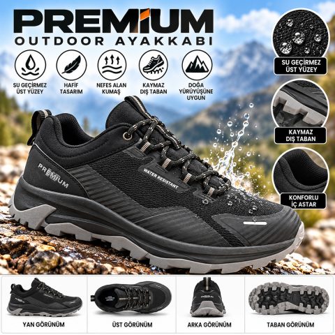 Siyah Gri Outdoor Trekking Erkek Spor Ayakkabı