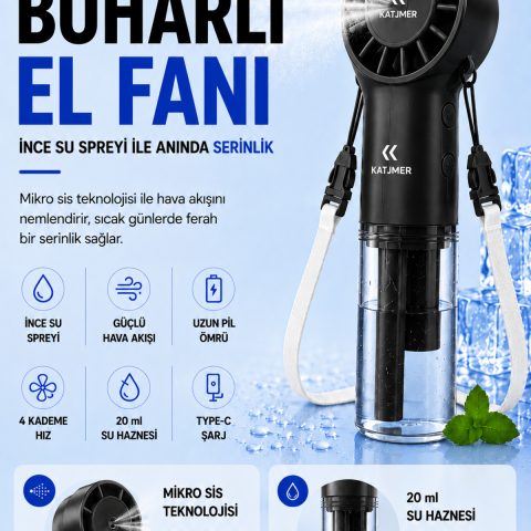 KTFN-10 Buharlı Şarjlı El Fanı: 4 Hız, USB-C