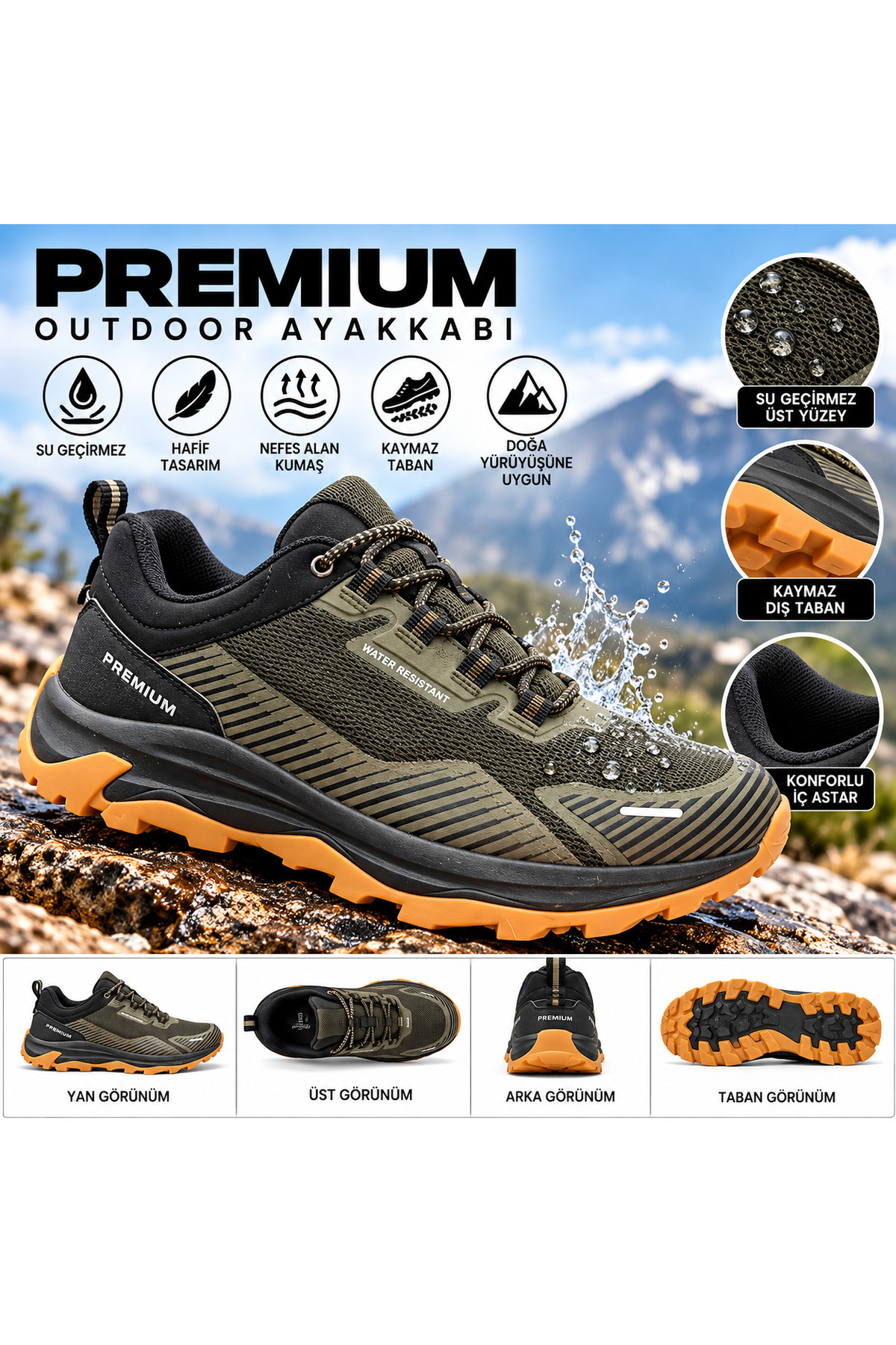 Haki Siyah Turuncu Outdoor Erkek Spor Ayakkabı