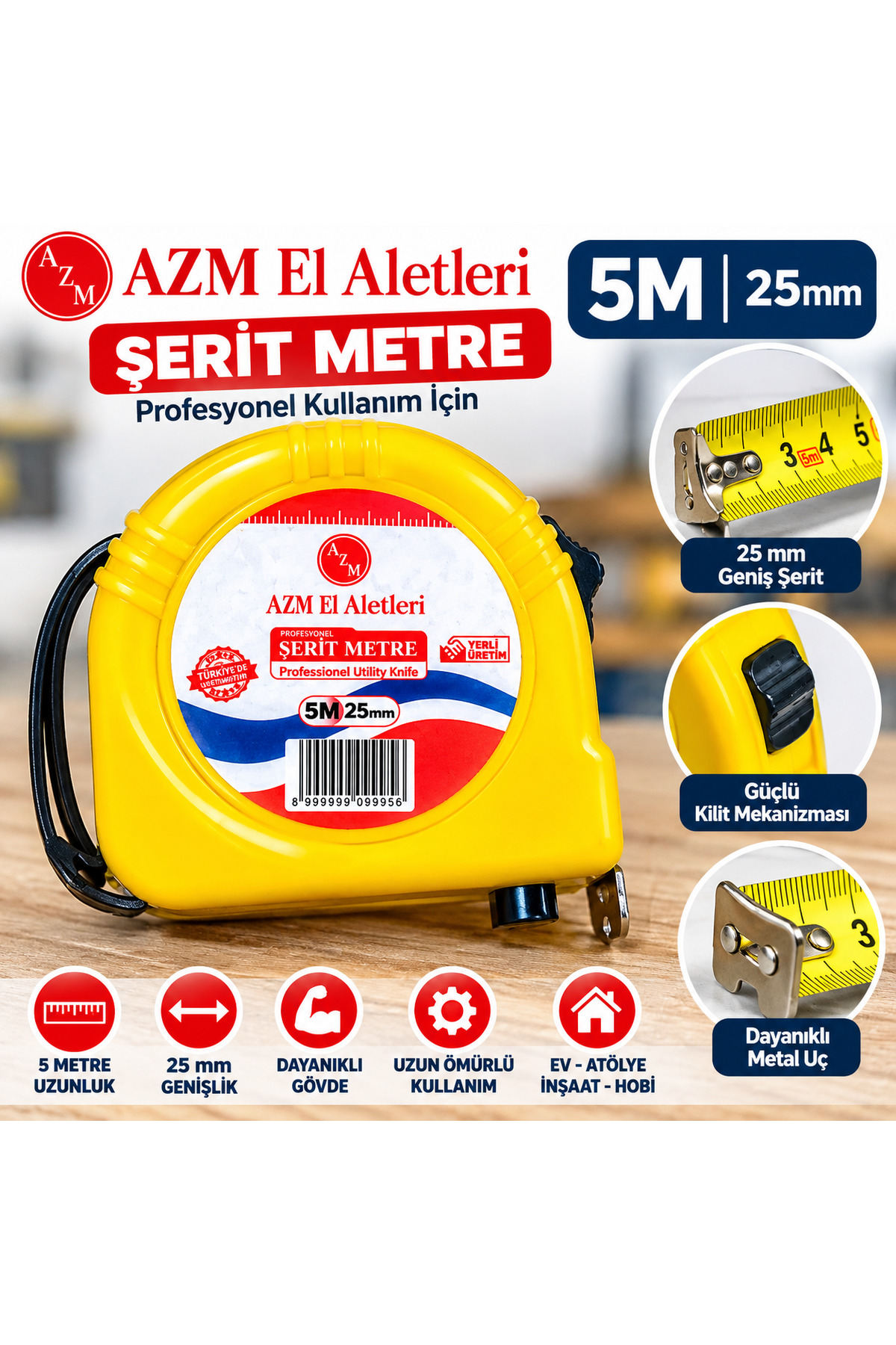 AZM El Aletleri 5 Metre – 25 mm Profesyonel Şerit Metre
