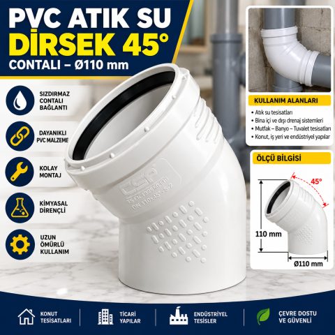 Ø110 mm Contalı PVC Atık Su Dirseği 45°